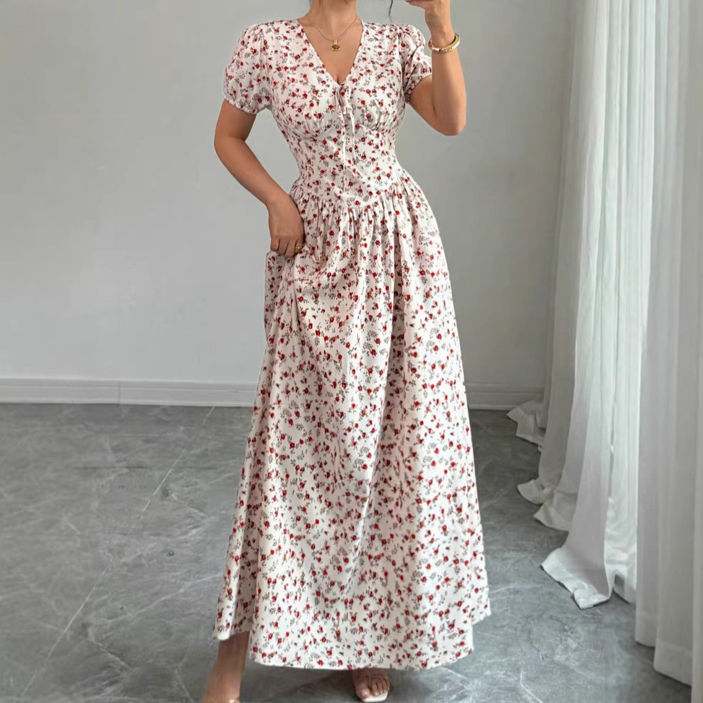 Dress Wanita Floral Panjang V Neck Slim Fit Lengan Pendek Elegant Casual Korea Maxi Dress