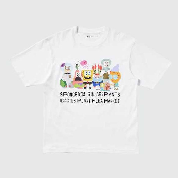 Kaos Uniqlo X Spongebob Cactus Plant Flea Market White |    Tee T-Shirt UT 2025 Kode 05 - Putih