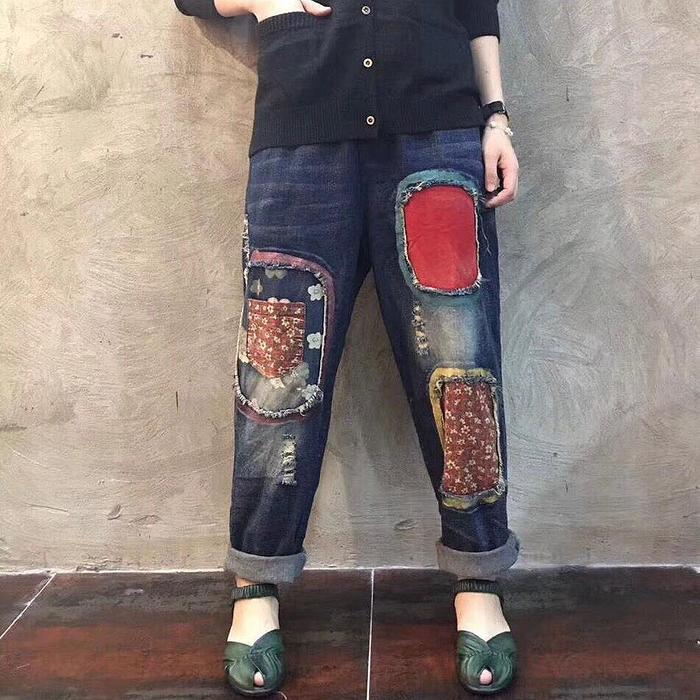 Celana Denim Jeans Boyfriend's Baggy Sobek Tambal Bunga Korea Import