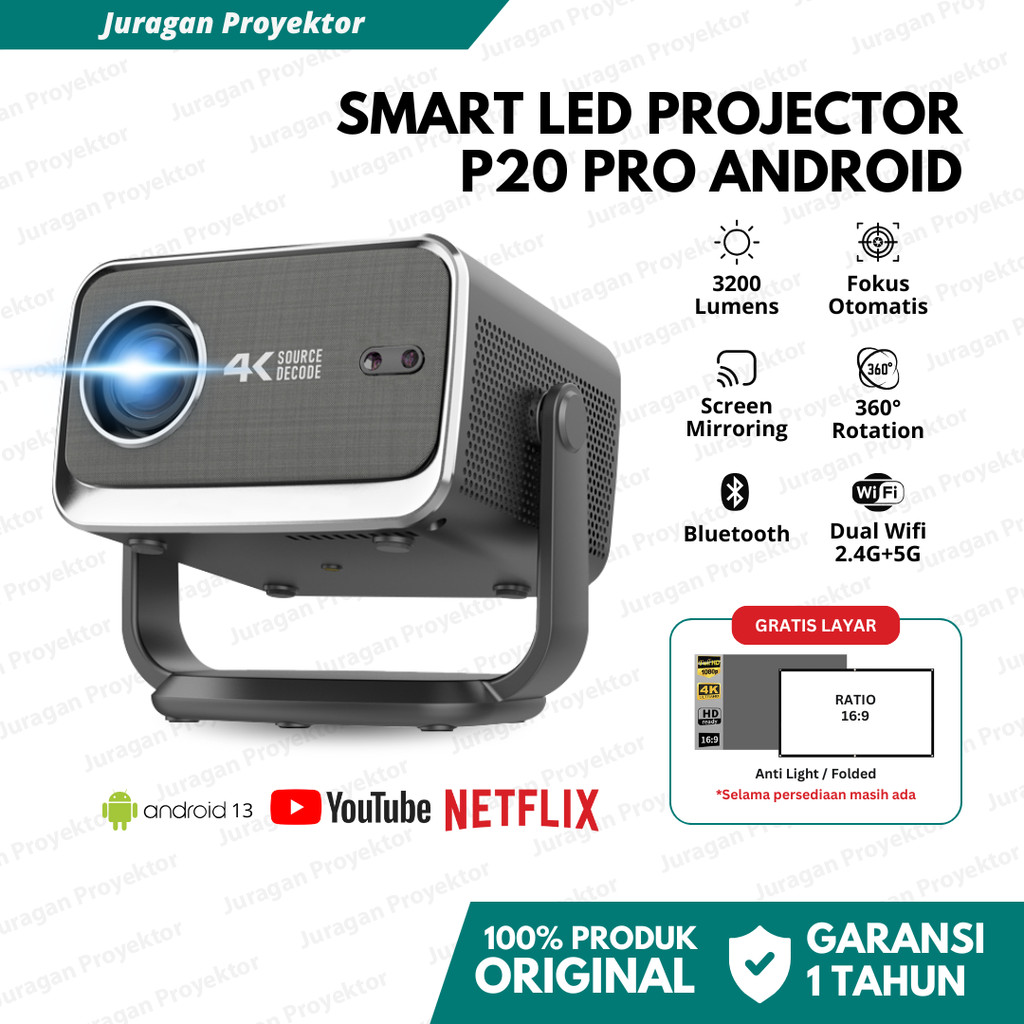Proyektor Mini LED P20 Android 13.0 Wifi 3200 Lumens 360° Rotating | Proyektor Mini Android | Proyek