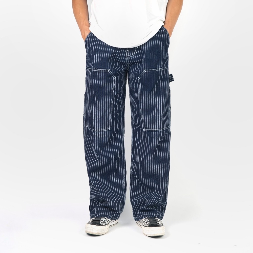 CUCI GUDANG Neversuck Carpenter Pants Wabash Navy Denim Garis-Garis BISA COD
