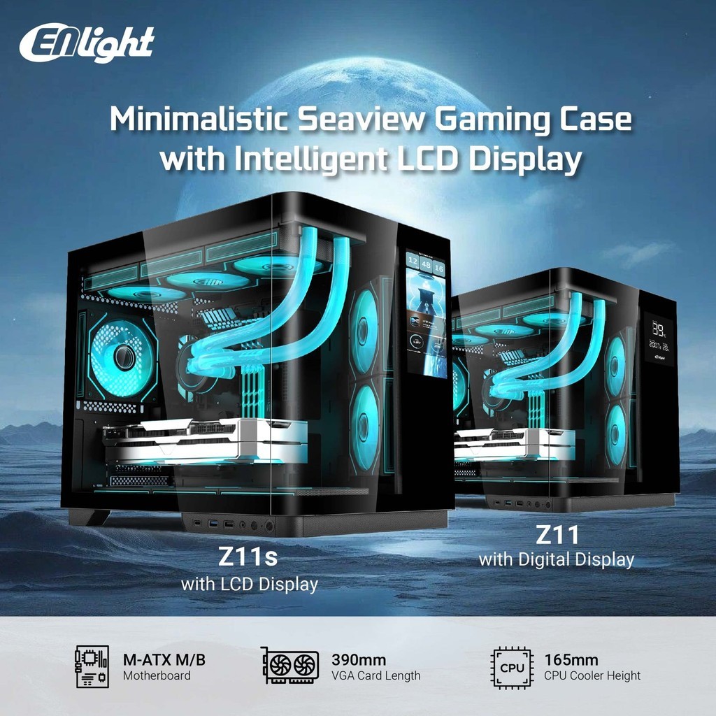 ENLIGHT Z11 / Z11s LCD Digital Display + 3 Fan Avalone mATX Curve Temper - Black Casing Gaming Case 