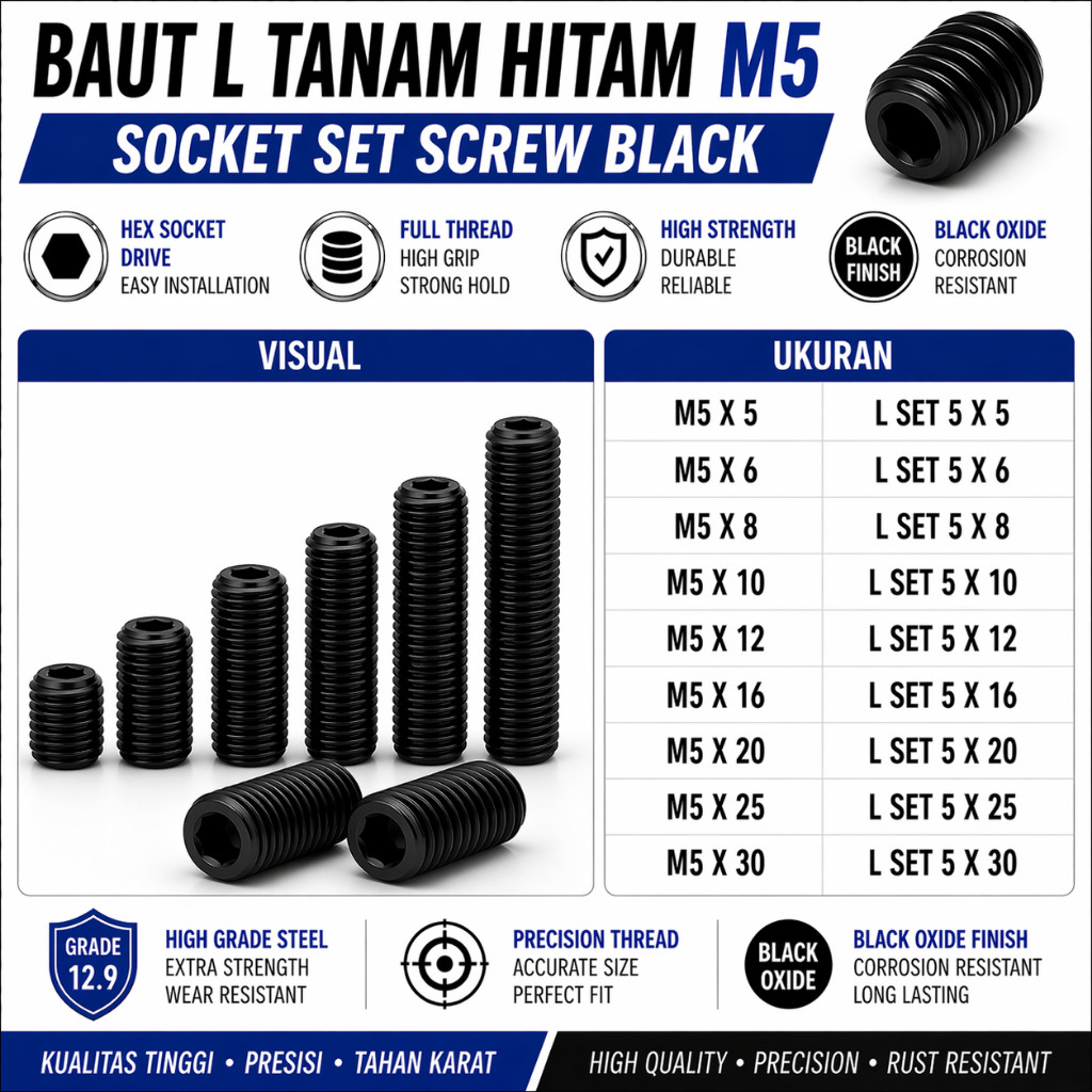 Baut L Tanam M5X8 / L Set 5X8 / Baut Tanam L M5 X 8 / L Set Hitam 5 X 8  - Socket Set Screw Black