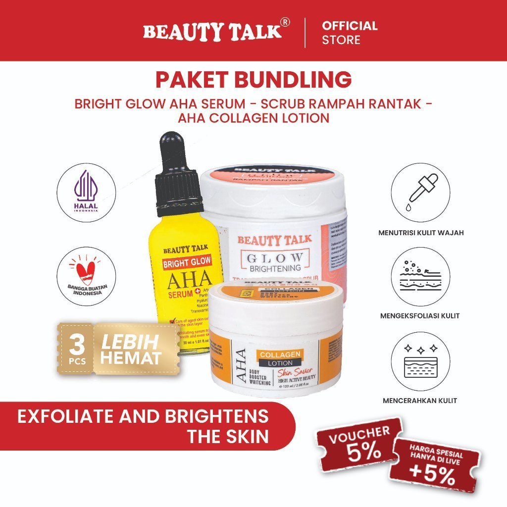 [Bundling hemat - 3 Pcs] BEAUTY TALK AHA Collagen Lotion 100ML + BEAUTY TALK Bright Glow AHA Serum 3