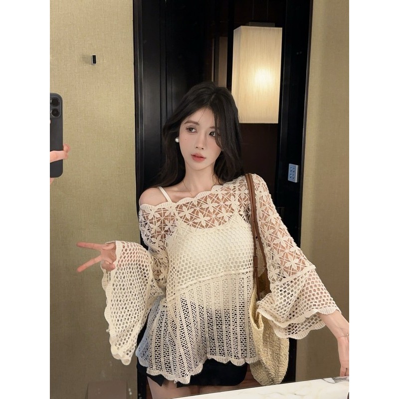 Crunchy Brulee Baju Rajut Lubang Gaya Bohem Wanita Outer Dress Tank Top Anti Sinar Matahari