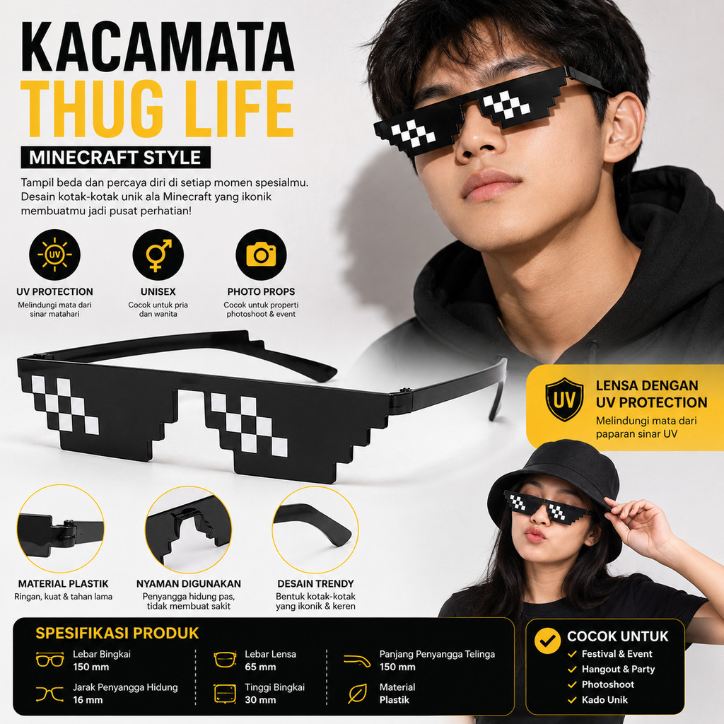 Kacamata Minecraft Thug Life Sozzy Kacamata Kotak Pixel Kacamata Lucu Unik Meme Viral Pria Wanita An