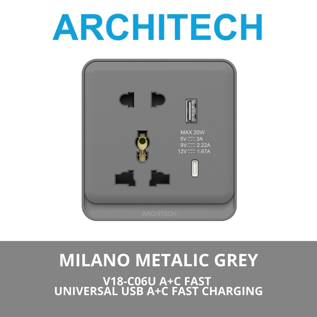 ARCHITECH MILANO METALIC GREY V18-C06U A+CFAST Stop Kontak - Colokan Universal USB A+CFAST CHARGER