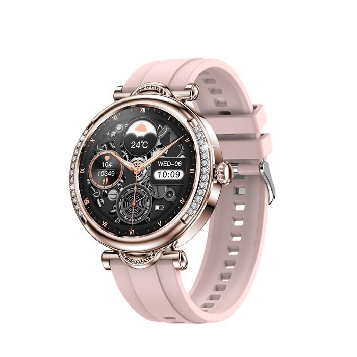 BIDEN SmartWatch Wanita Luxury Berlian Layar Terang 1.27'' HD BT Call - Merah Muda