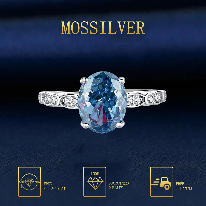 MOSSILVER Cincin Terbuka Oval Biru Laut Topaz yang Modis dan Elegan
