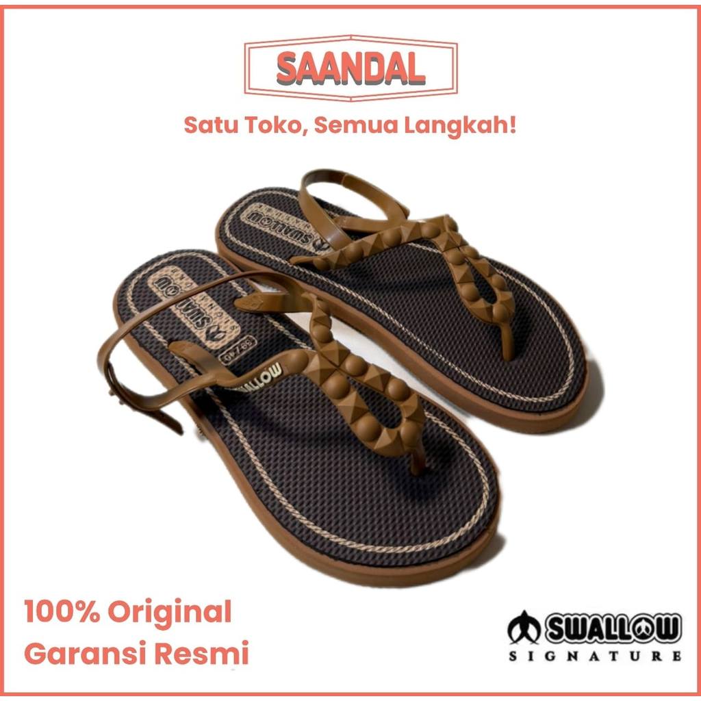 Sandal Gladiator Tali Belakang Swallow Signature Aura Karet Wanita Perempuan Pink Hijau Putih Hitam