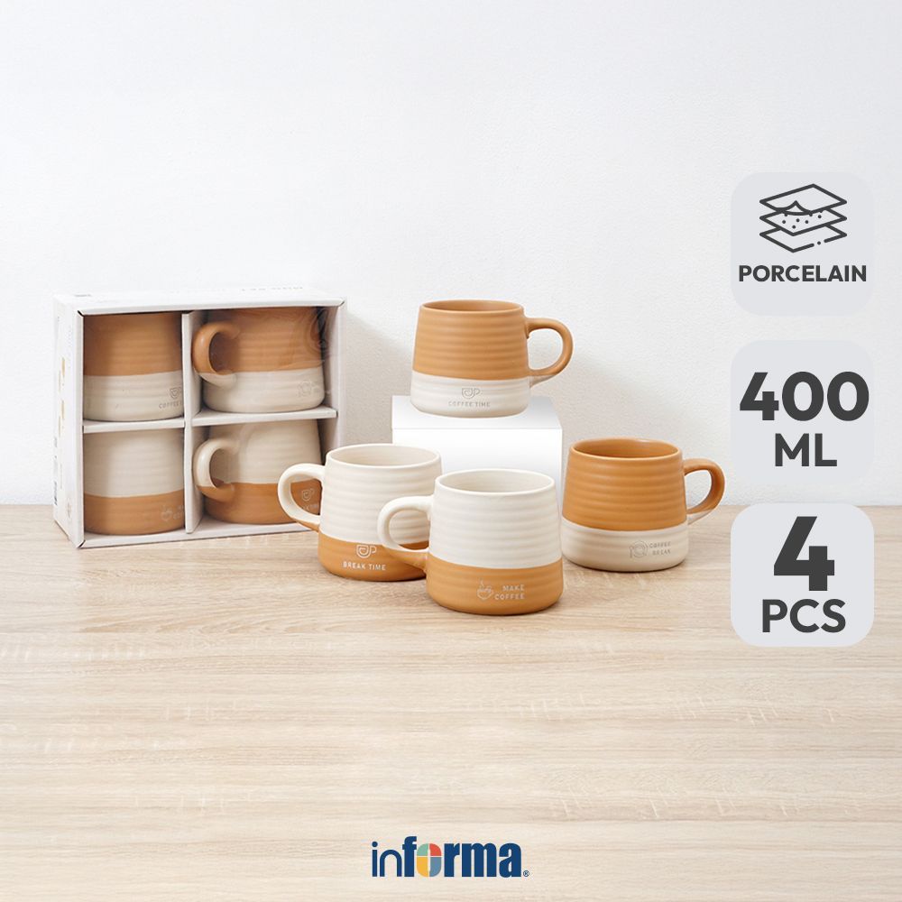 Informa Appetite Hazel Mug Porcelain 400 ml Set 4 Pcs - Cokelat/Krem Gelas Minum Tea Cangkir Kopi Wa