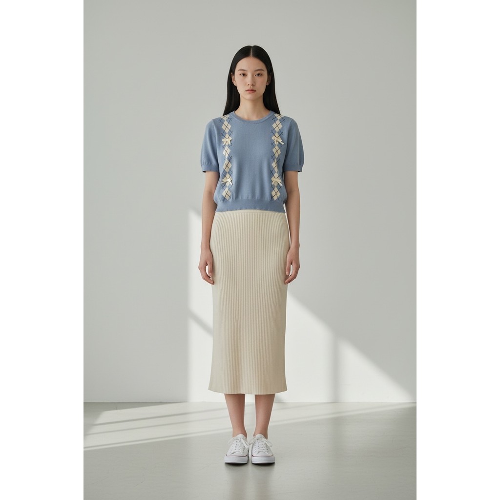 C/S S/S ARGYLE KNIT BLOUSE W/ BOWS ATASAN WANITA SIMPLE ELEGAN B00480BB