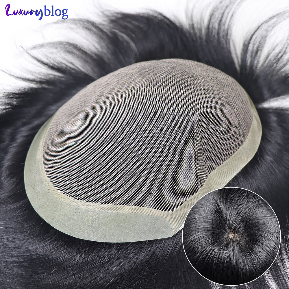 100% Natural Human Hair Toupee Mens Hair Capillary Prosthesis Lace Pu Silk Base Breathable Straight 