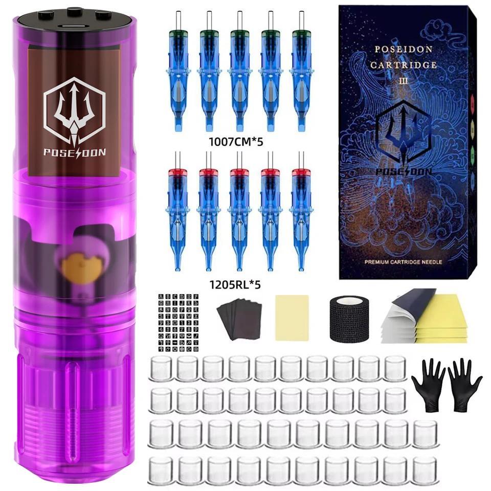 Kit Tato POSEIDON Baru, Kit Mesin Tato Terbaik untuk Riasan Permanen, Kit Mesin Tato Nirkabel, Catu 
