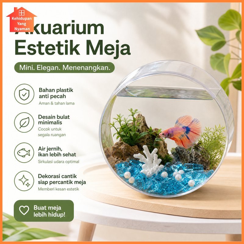 akuarium bulat plastik toples ikan cupang transparan tahan benturan dekorasi meja estetik mini