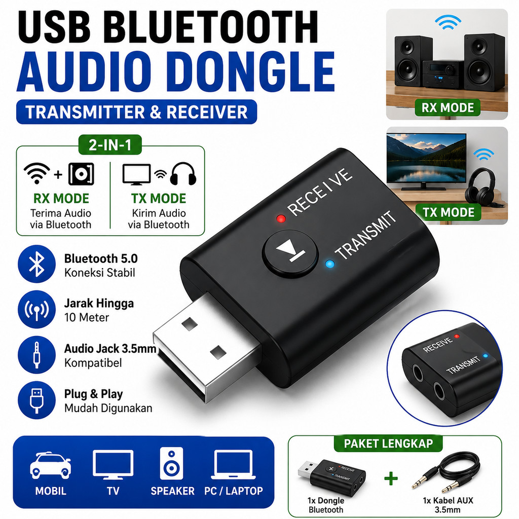 USB Bluetooth Audio Dongle Transmitter Receiver Adaptor 2in1 Wireless 50 EDR Alat Musik Mobil Tv Pc 