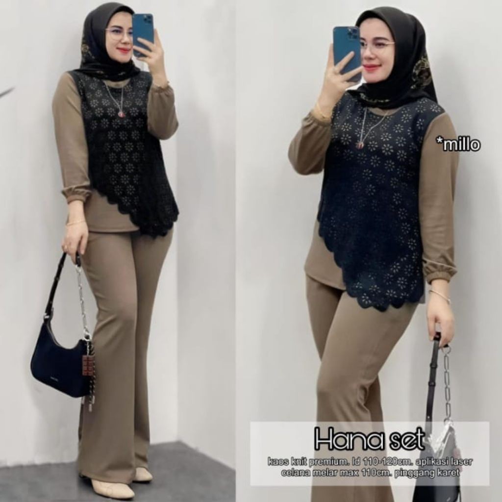 ada grup reseller tanyakan ke admin alya store Hana Set Kaos Knit Premium Aplikasi Laser Terbaru Set