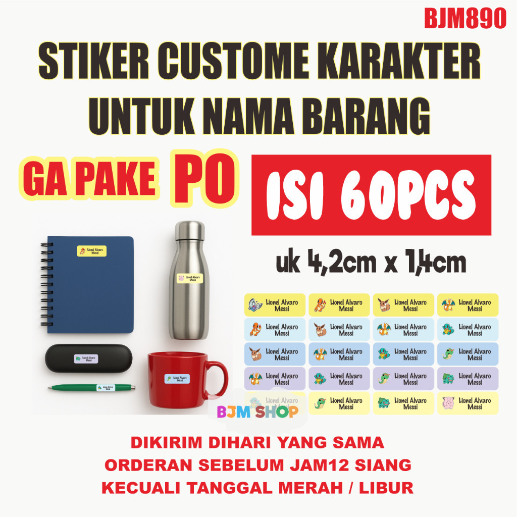 BJM890 60PCS Sticker label nama Karakter Besar Stiker Custom sticker Buku Pulpen Botol Kotak Makan .