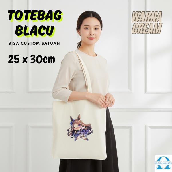Totebag Blacu Cream 25x30 Cm Custom Resleting Full Color Logo Souvenir Seminar Anime Ilustrasi dan F
