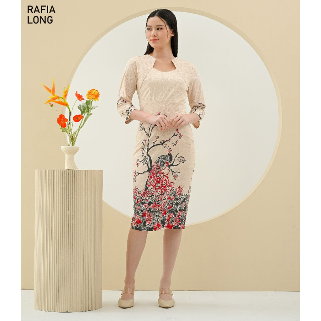 Evercloth Rafia Long Dress Batik Lengan Panjang Span Bodycon Cream Batik Couple Sarimbit Gaun Terusa