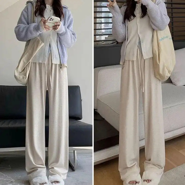 Celana Pinggang Tinggi, Gaya Korea, Untuk Wanita Bertubuh Besar, Model Lurus, Celana Kasual, Pakaian