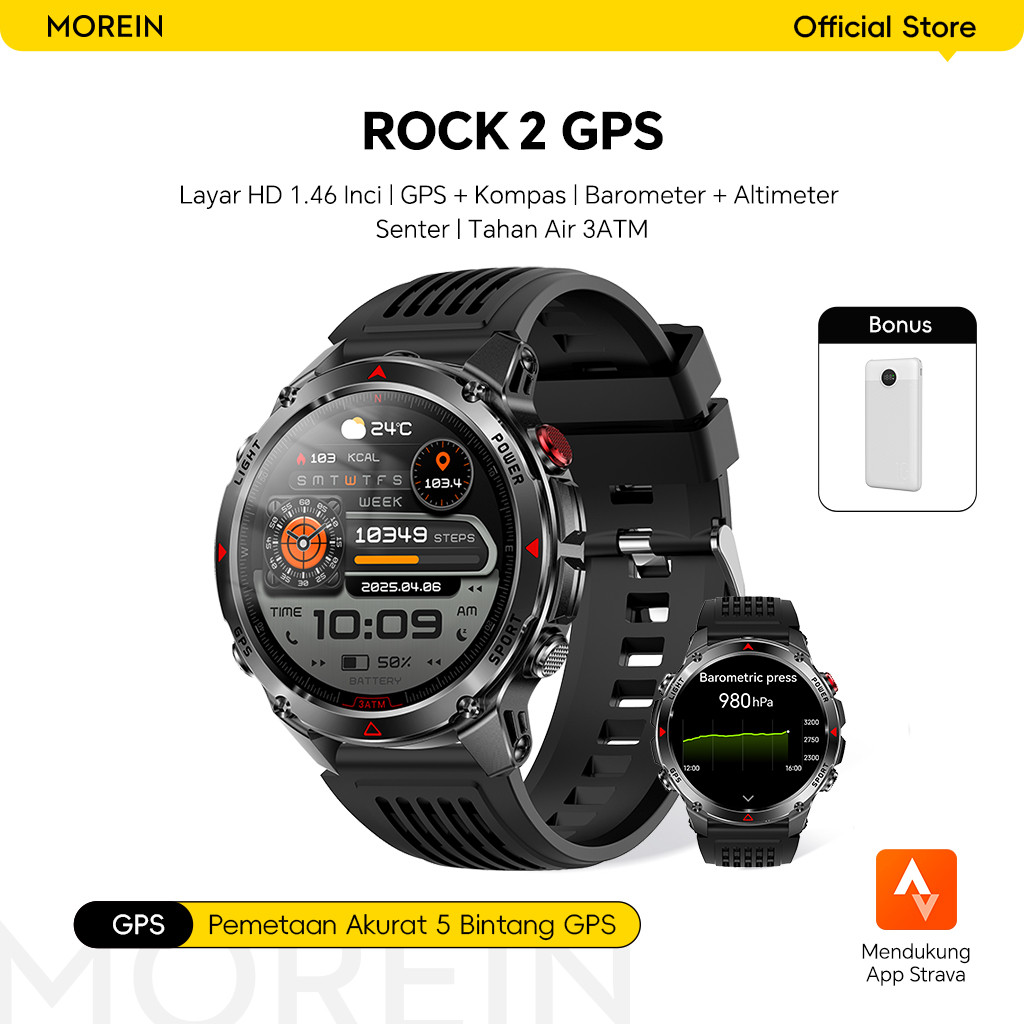 Morein Rock 2 GPS Smartwatch - Layar HD 1.46'' | Senter + Kompas | Tahan Air 3ATM | Altimeter + Baro