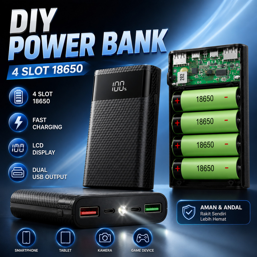 Power Bank Rakitan Manual DIY Case Box Wadah 4 Slot Baterai 18650 Flat Top Fast Charging QC4 PD3 LCD