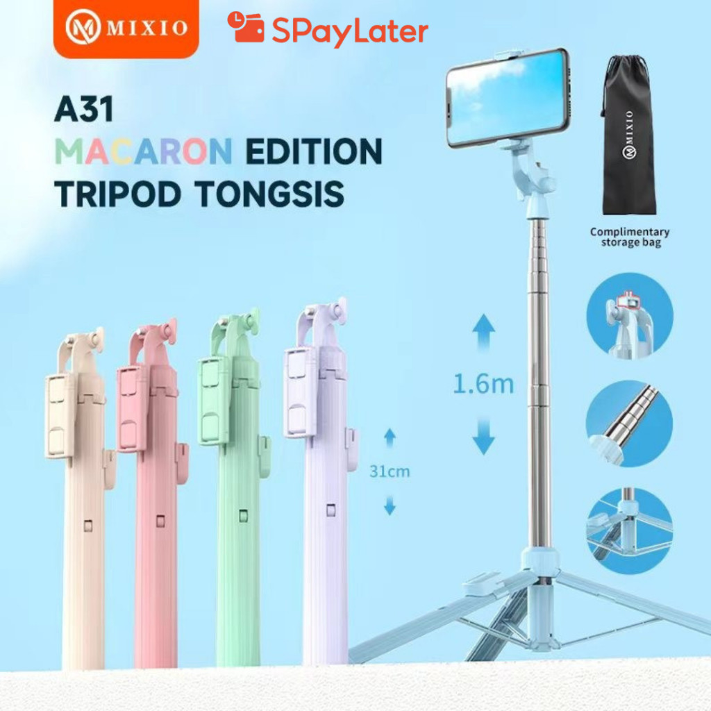 (Gajah_Duduk) MIXIO A31 MACARON EDITION Tongsis Bluetooth Selfie Stick Tripod 160CM