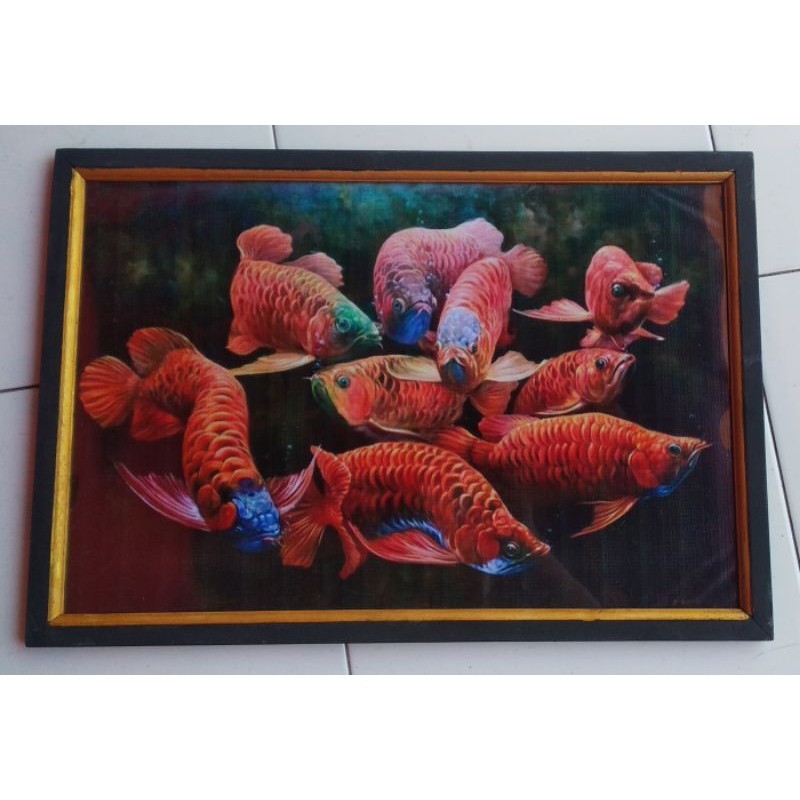 hiasan dinding murah lukisan cetak ikan arwana super red plus bingkai ukuran 65×45