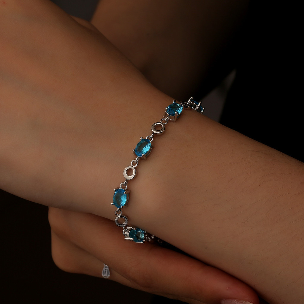 Gelang Perak Berlapis Topaz Biru Laut Baru untuk Wanita Kristal Sederhana Perhiasan Hati Laut Sahaba