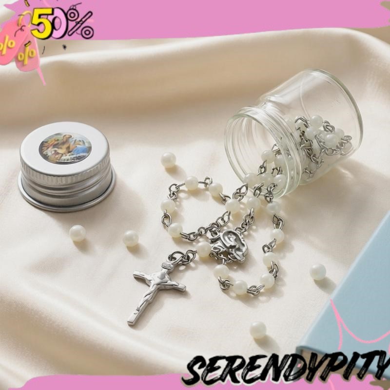 READY NOW Kalung Rosario Katolik Kecil Mini Manik 4mm Mutiara Putih Botol Kaca Grosir Unik Aksesoris