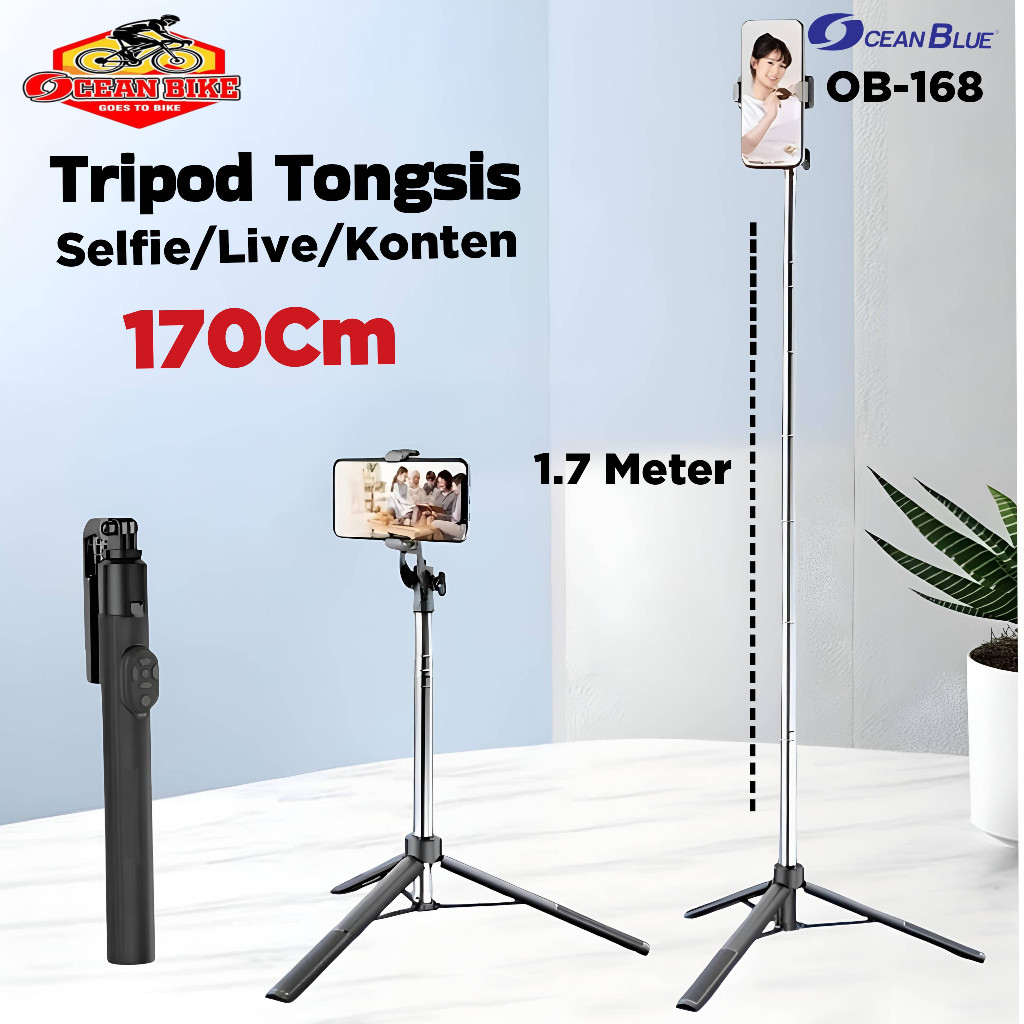 (Gajah_Duduk) OCEANBLUE Tripod Konten Kreator Tongsis Handphone Remote Selfie Stick OB168 170 Cm Hol