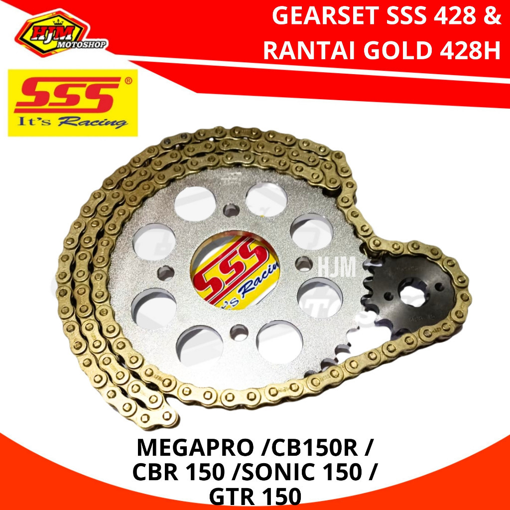 GEARSET SSS CB 150R CBR 150 GL MEGAPRO SONIC TIGER VERZA SUPRA GTR DAN RANTAI GOLD 428H