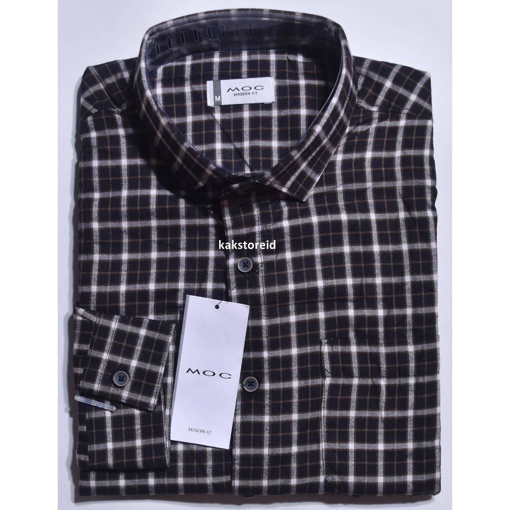 PROMO BIG SALE 12.12 Kemeja Pria MOC Lengan Panjang Hitam Garis Coklat Kotak Flanel Bamboo Modern Fi