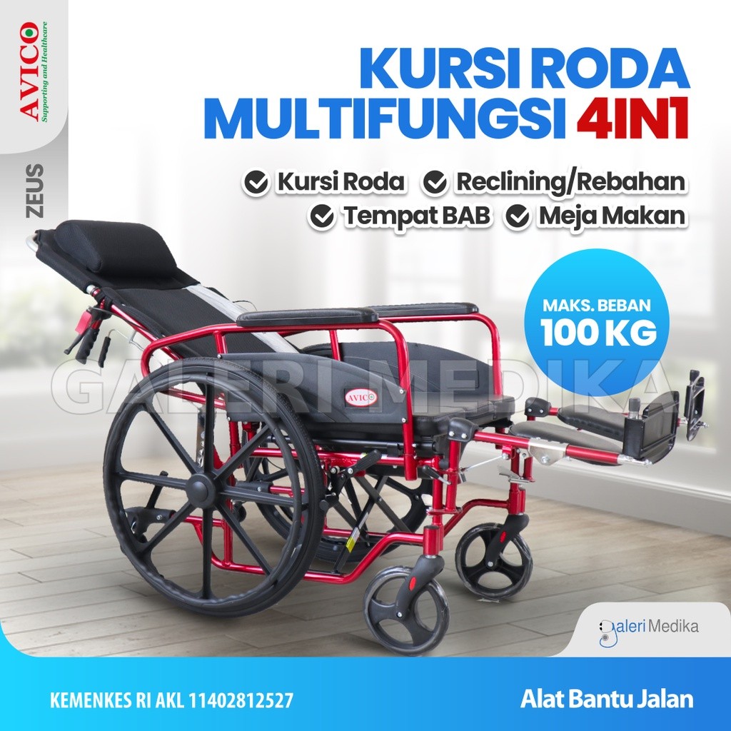 Kursi Roda Aluminium Multifungsi Avico Zeus (Makan, Berbaring, Selonjoran, BAB, Kursi Roda)