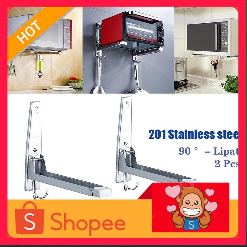 2Pcs Rak Microwave Oven Rak Tembok Dinding 304 Lipat / Siku Microwave Bracket Penyangga Oven Rak Mej