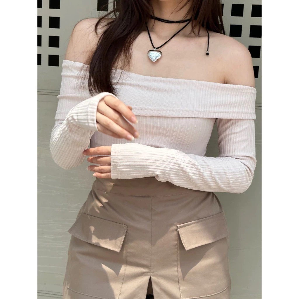 Sabrina Top Rib Lengan Panjang Off Shoulder Snowrib/Top Sabrina Lengan Panjang/Baju Sabrina Lengan P