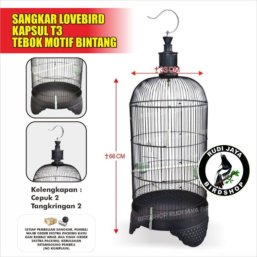 SANGKAR LOVEBIRD T3 1 PCS 1 SET LENGKAP TEBOK BINTANG HITAM KANDANG BESI KAPSUL BURUNG KONIN PLECI