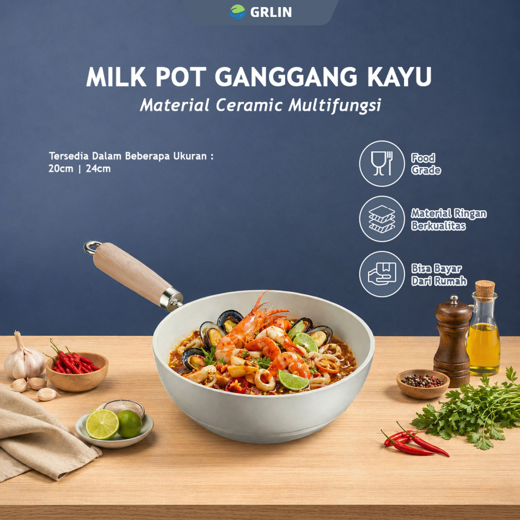 GRLIN Milk Pot Gagang Kayu 24cm Sauce Pan Anti Lengket Panci Susu Mini Panci Rebus Goreng Serbaguna