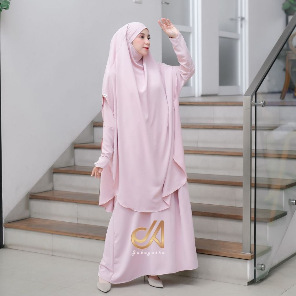 Jabayaska - Madeena Abaya Set French Khimar Bahan Anti UV Gamis Umroh Dress Elegan Dengan Saku