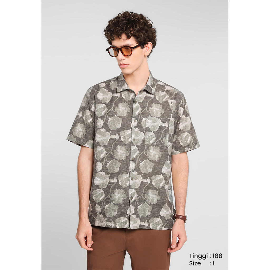 MANZONE - Kemeja Motif Lengan Pendek Pria Danzel 03  Comfort Fit - Olive