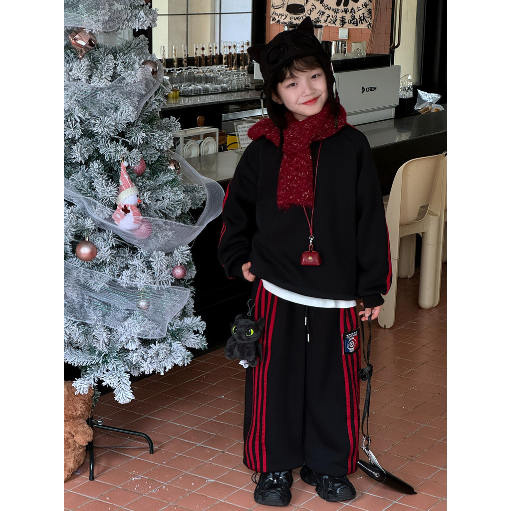 Set Sweater dan Celana Panjang Anak Musim Dingin Gaya Amerika untuk Anak Besar Berlapis Fleece Tebal