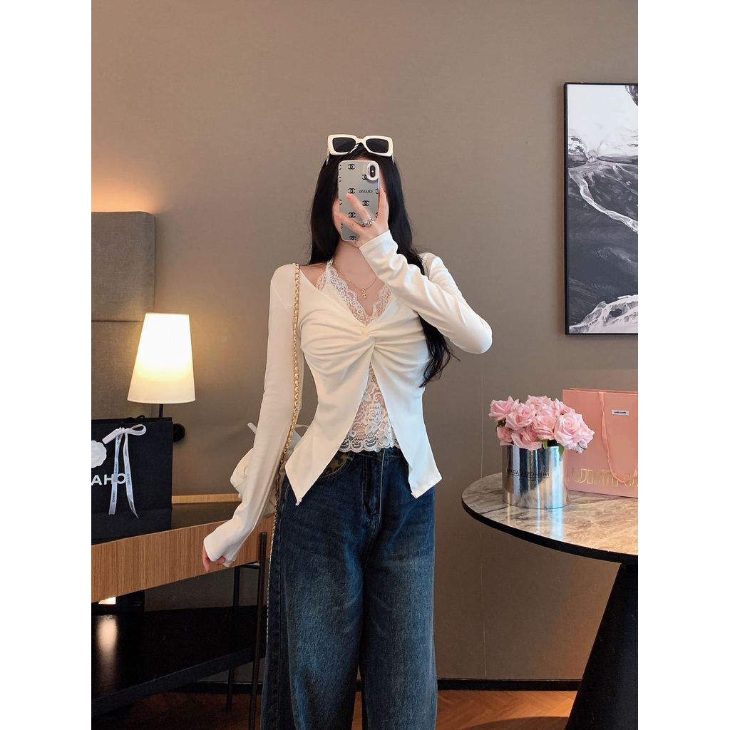 Gaya Gadis Pedas Renda Patchwork Palsu Dua Potong dengan Bantalan DadaLengan Panjang T Tshirt Wanita