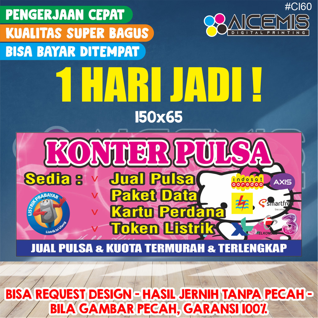 SPANDUK HELLO KITTY / spanduk 1 hari jadi / spanduk banner etalase konter pulsa / spanduk konter hp 