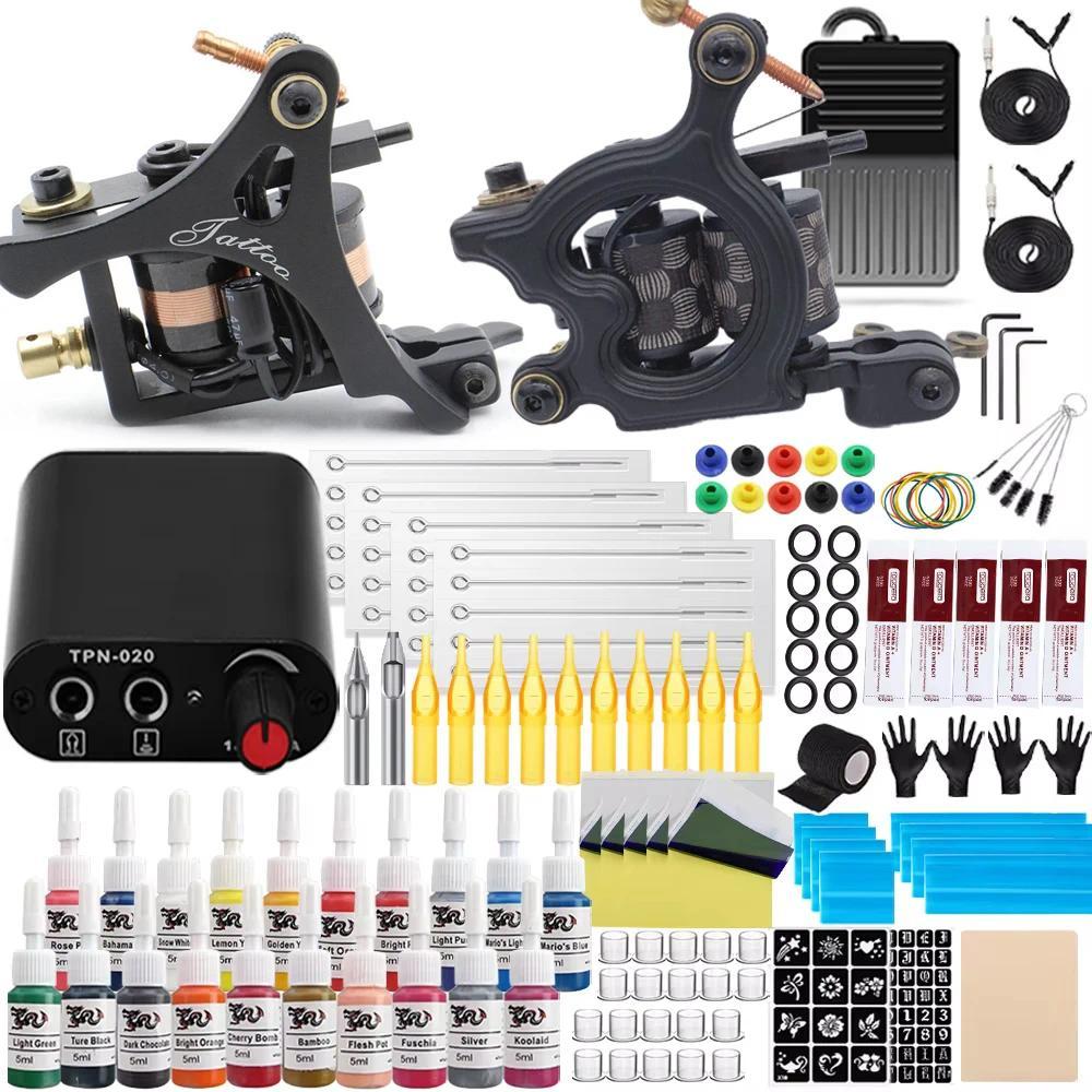 Kit Tato Profesional dengan 10 Gulungan Kabel, Set Mesin Tato, Catu Daya, Jarum, Tinta, Kit Rias unt