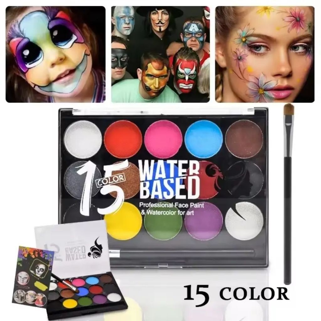TERLARIS Face Paint Body Art 15 Warna Water Based 2 Kuas Cat Wajah dan Tubuh