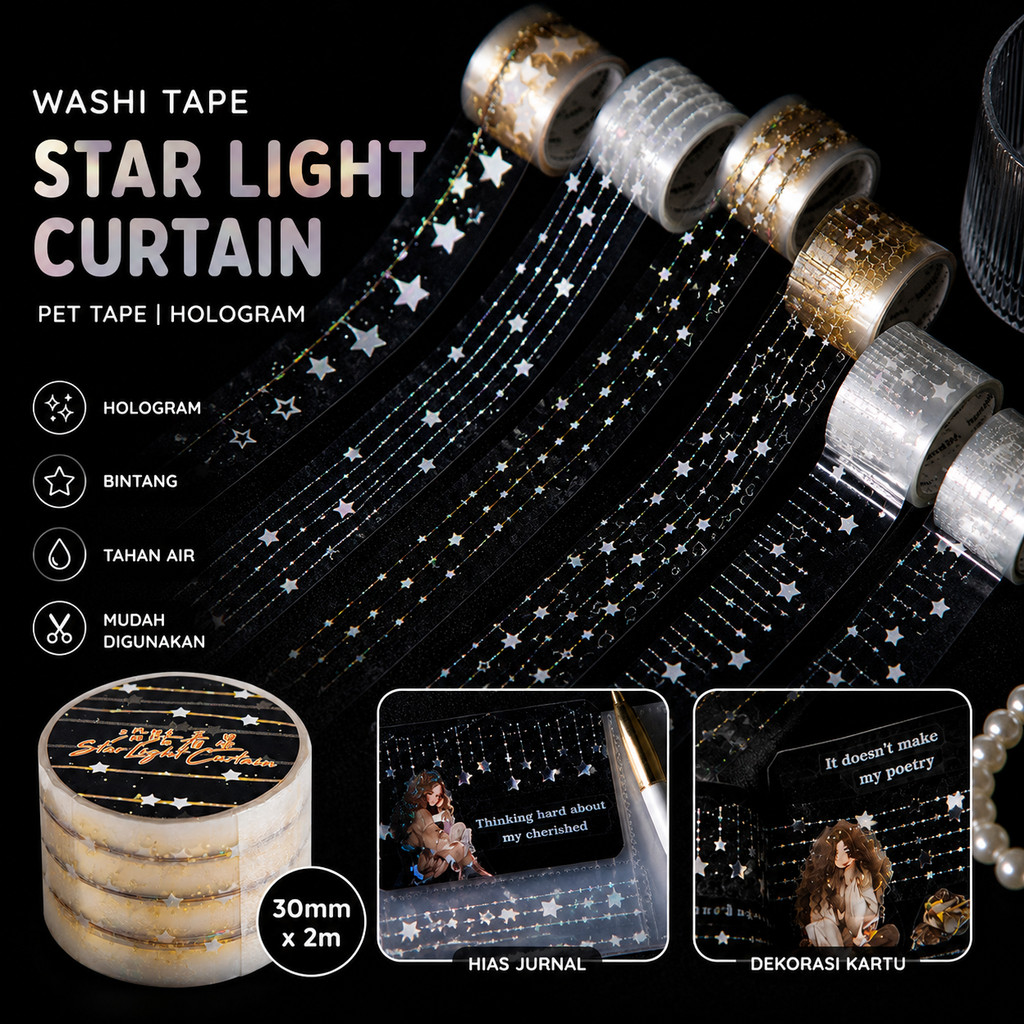 PET Tape Hologram Bintang 30mm X 2m Washi Tape Journaling Scrapbook Dekorasi DIY