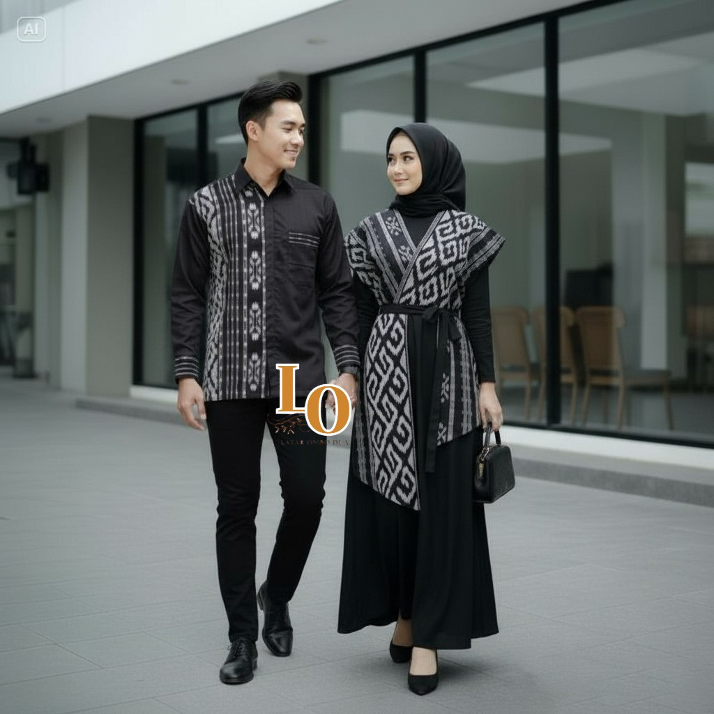 Baju Batik Couple Kondanggan Gamis Wanita Hitam Kemeja Pria Premium