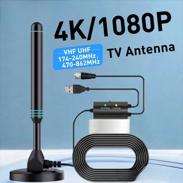 Antena TV Digital Indoor Outdoor High Gain 30dB DVB-T2 UHF VHF Booster Sinyal Jernih Kabel 5M untuk 