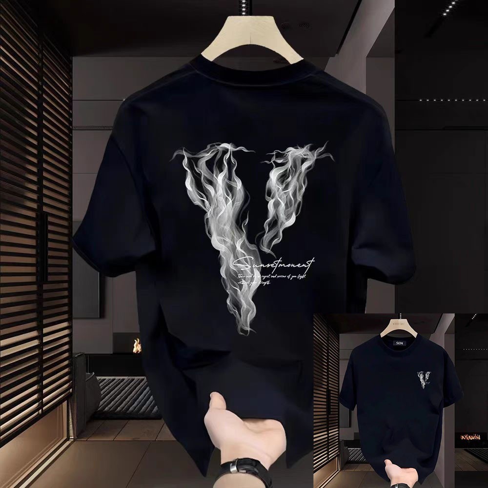 kaos distro priaKatun Murni Leher Bulat Ukuran BesarBunga Asap Huruf V Motif Cetakkaos distro unisex